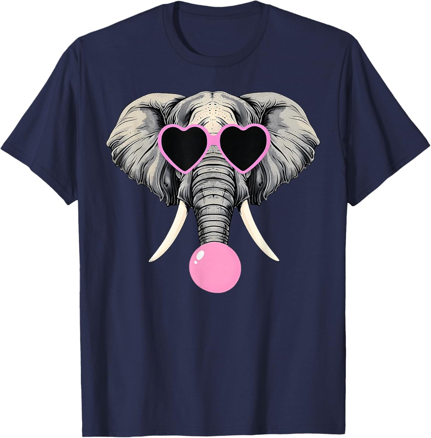 Funny Elephant Wearing Glasses and Blowing Pink Bubble Gum T-Shirt - T-Shirt | Navy