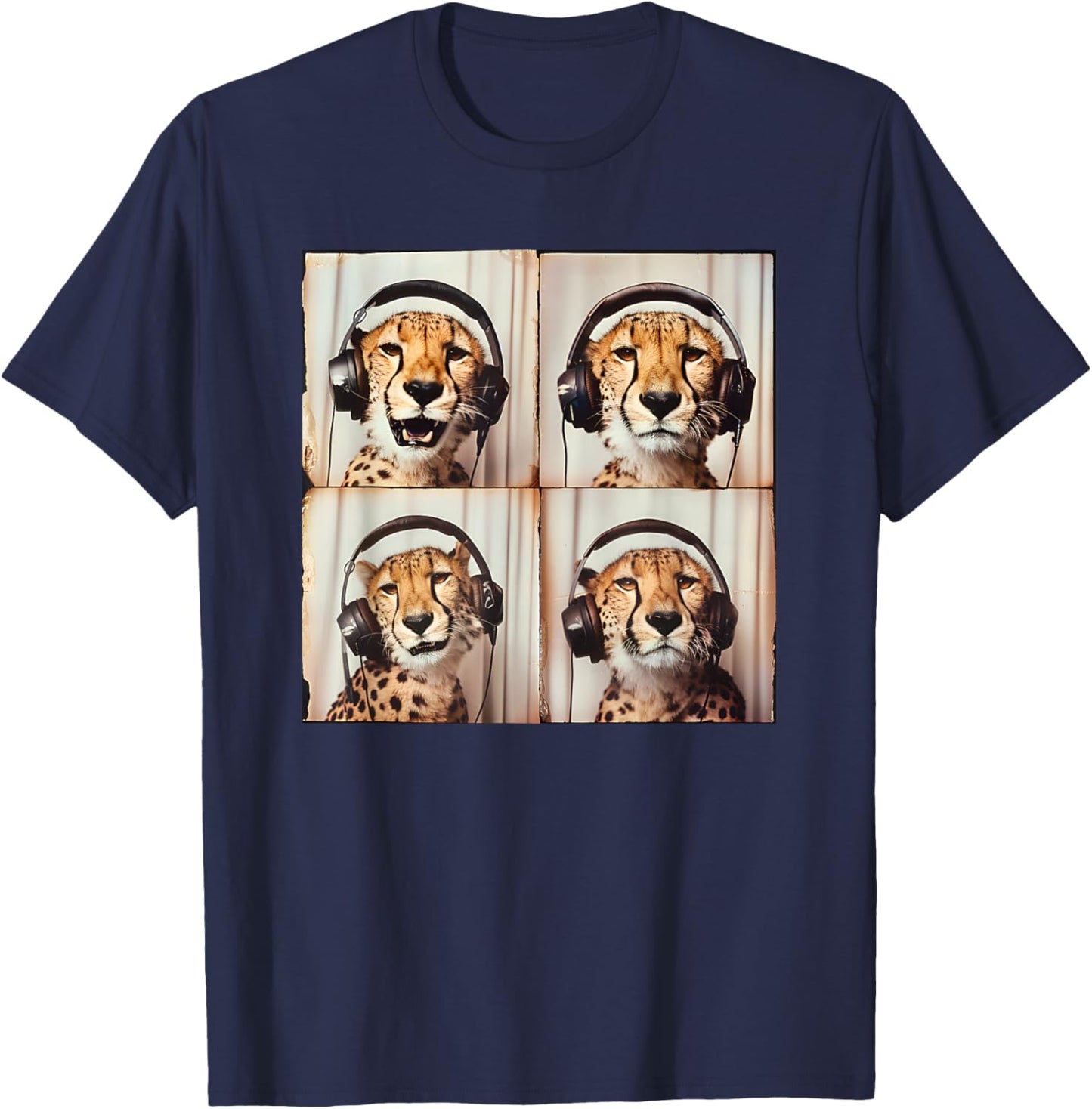 Cheetah Listening To Music Lover Cool Safari Animal T-Shirt - T-Shirt | Navy