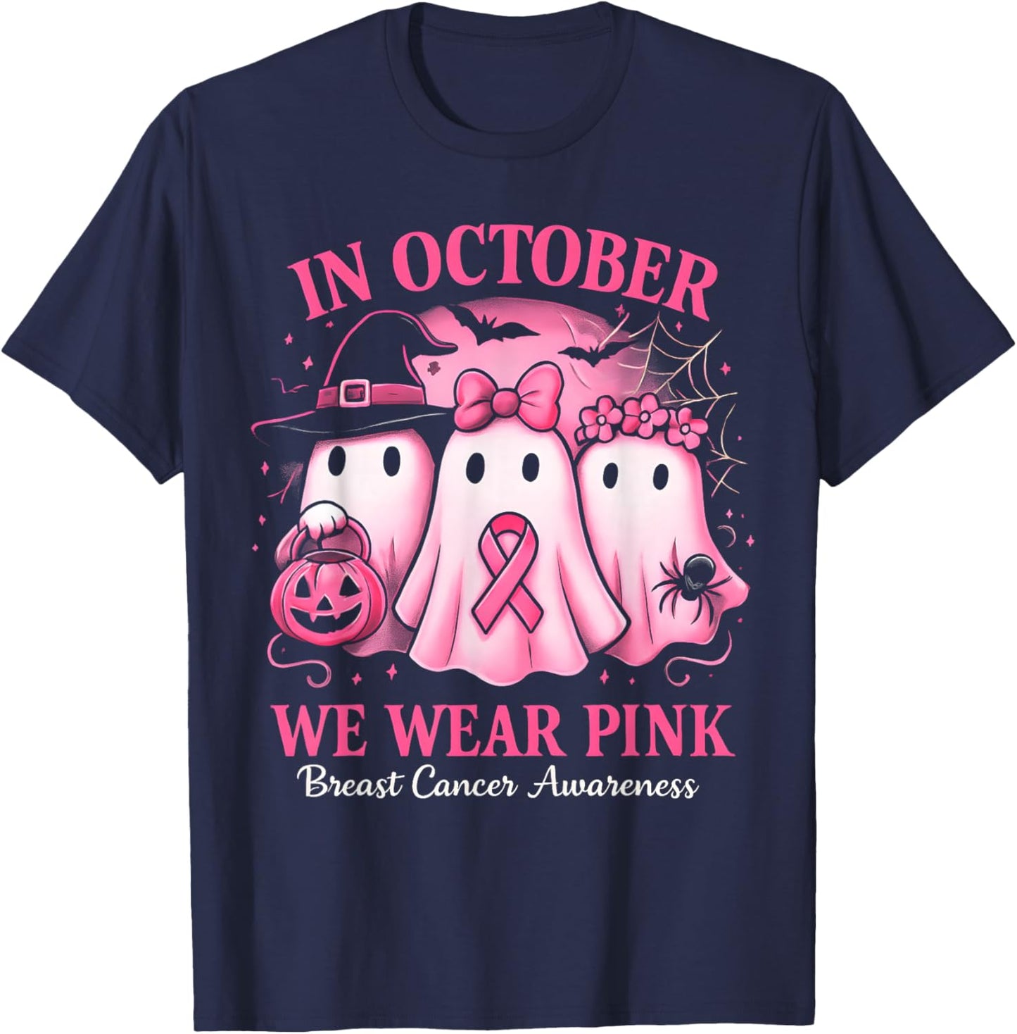 in October We Wear Pink Ghost Halloween Women Breast Cancer T-Shirt - T-Shirt | Navy