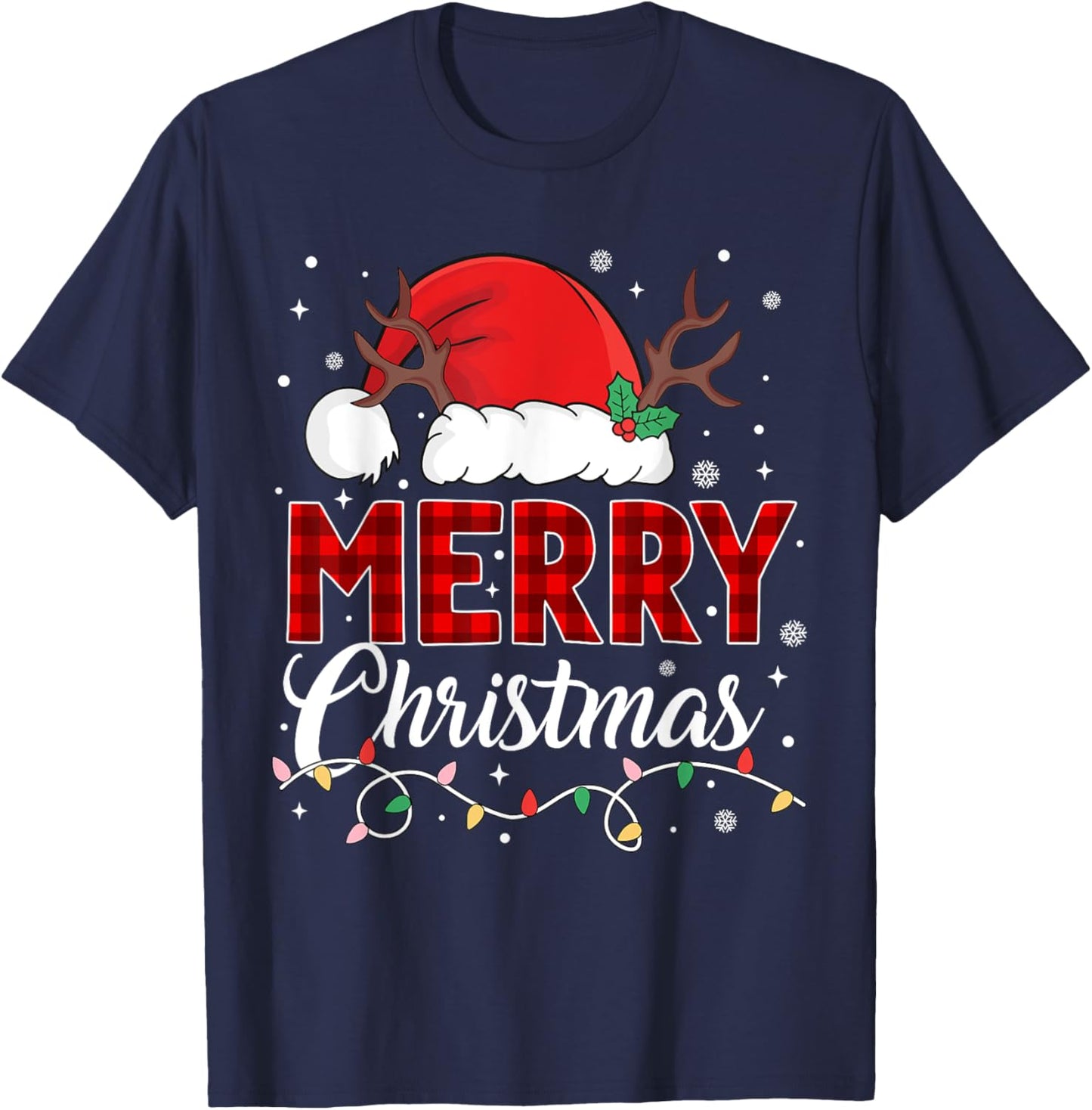 Merry Christmas Lights Red Santa Hat Xmas Family Men Women T-Shirt - T-Shirt | Navy