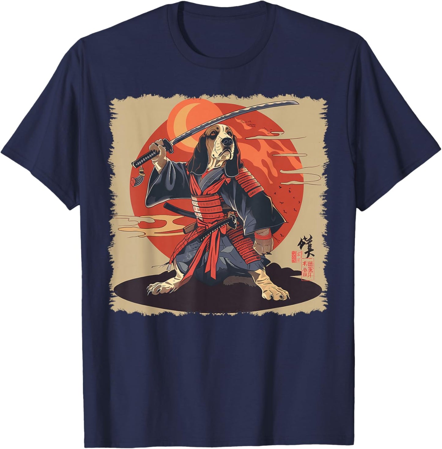 Basset Hound Dog Japanese Art Samurai Ukiyo-e T-Shirt - T-Shirt | Navy