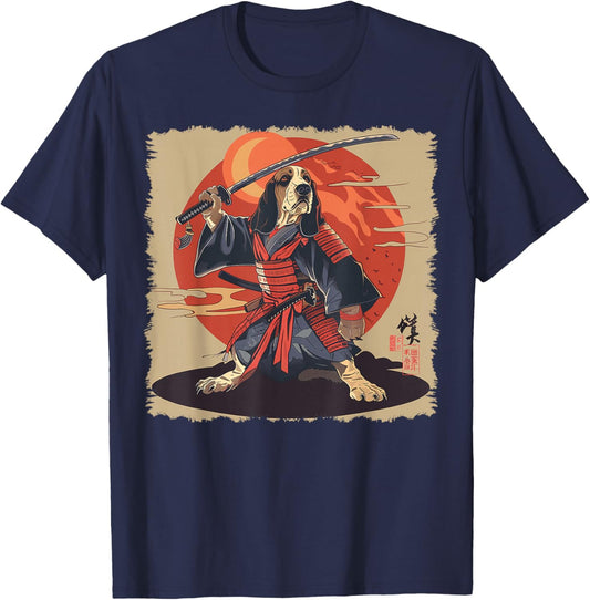 Basset Hound Dog Japanese Art Samurai Ukiyo-e T-Shirt - T-Shirt | Navy