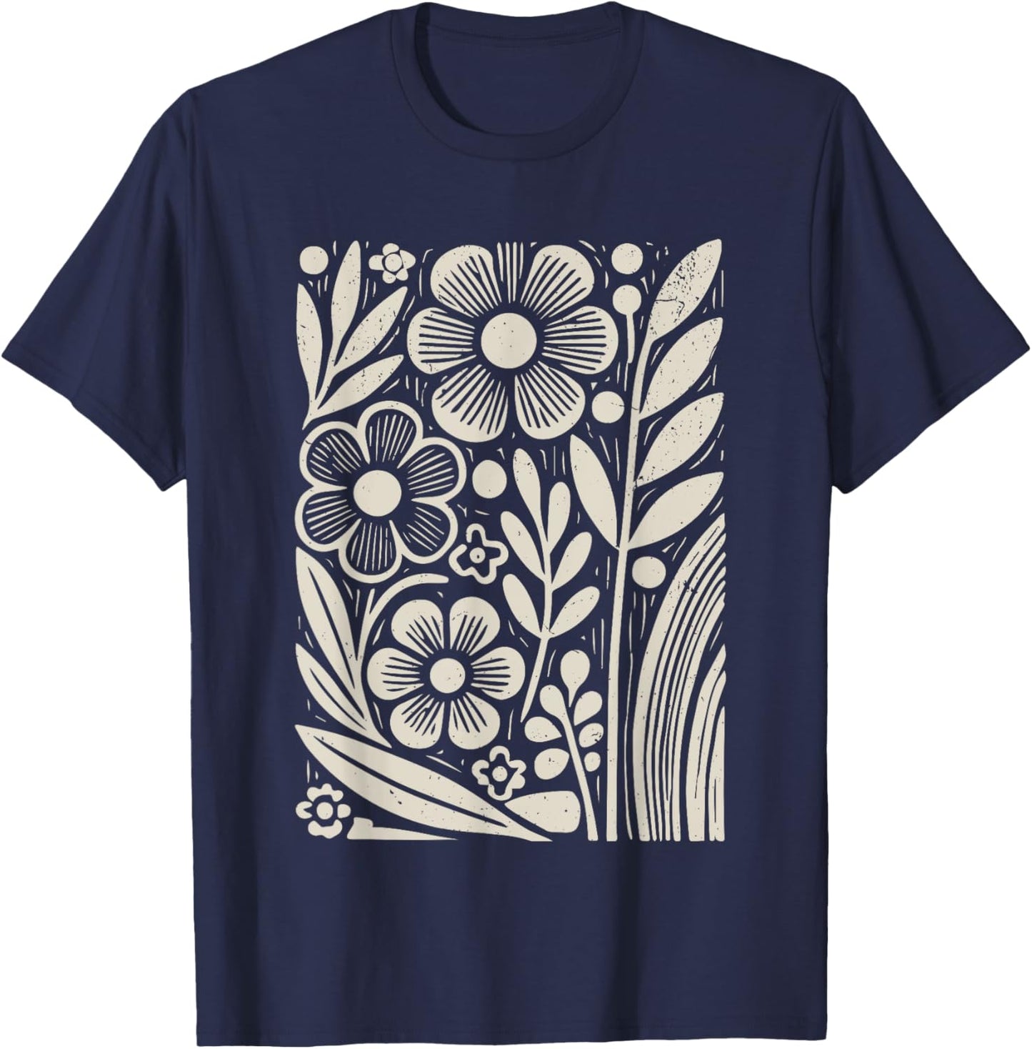 Botanical Floral Line Art Minimalist Nature Linocut Print T-Shirt - T-Shirt | Navy