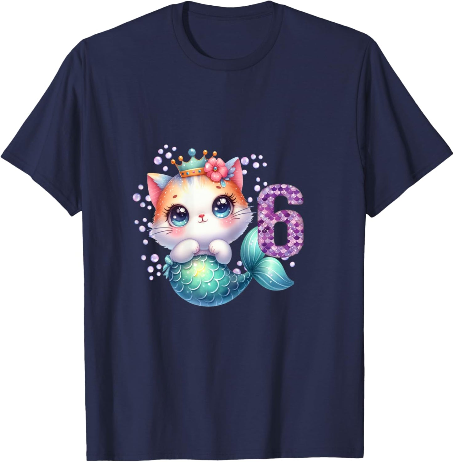 Cat Mermaid 6th Birthday 6 Year Old Party Girls Outfit T-Shirt - T-Shirt | Navy