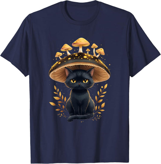 Cute Cottagecore Aesthetic Black Cat Mushroom Women Kids T-Shirt - T-Shirt | Navy