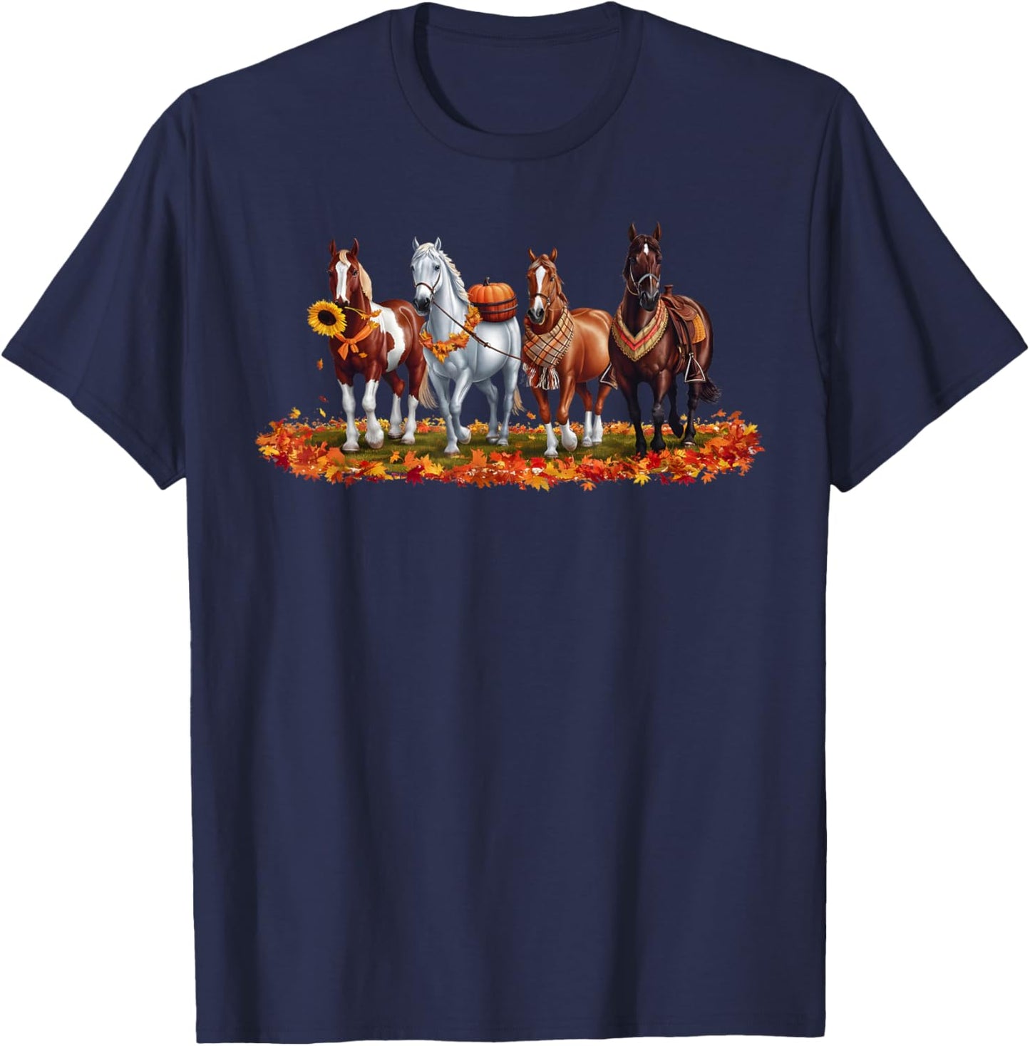 Fall Horse Animal Thanksgiving Sunflowers Pumpkin Leaves T-Shirt - T-Shirt | Navy