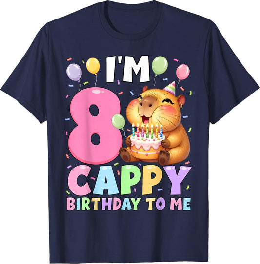 Kawaii Girl Capybara 8th Birthday to Me Balloons Capy Cake T-Shirt - T-Shirt | Navy