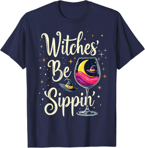 Witches' Be Sippin' Wine Moon Hat Stars T-Shirt - T-Shirt | Navy