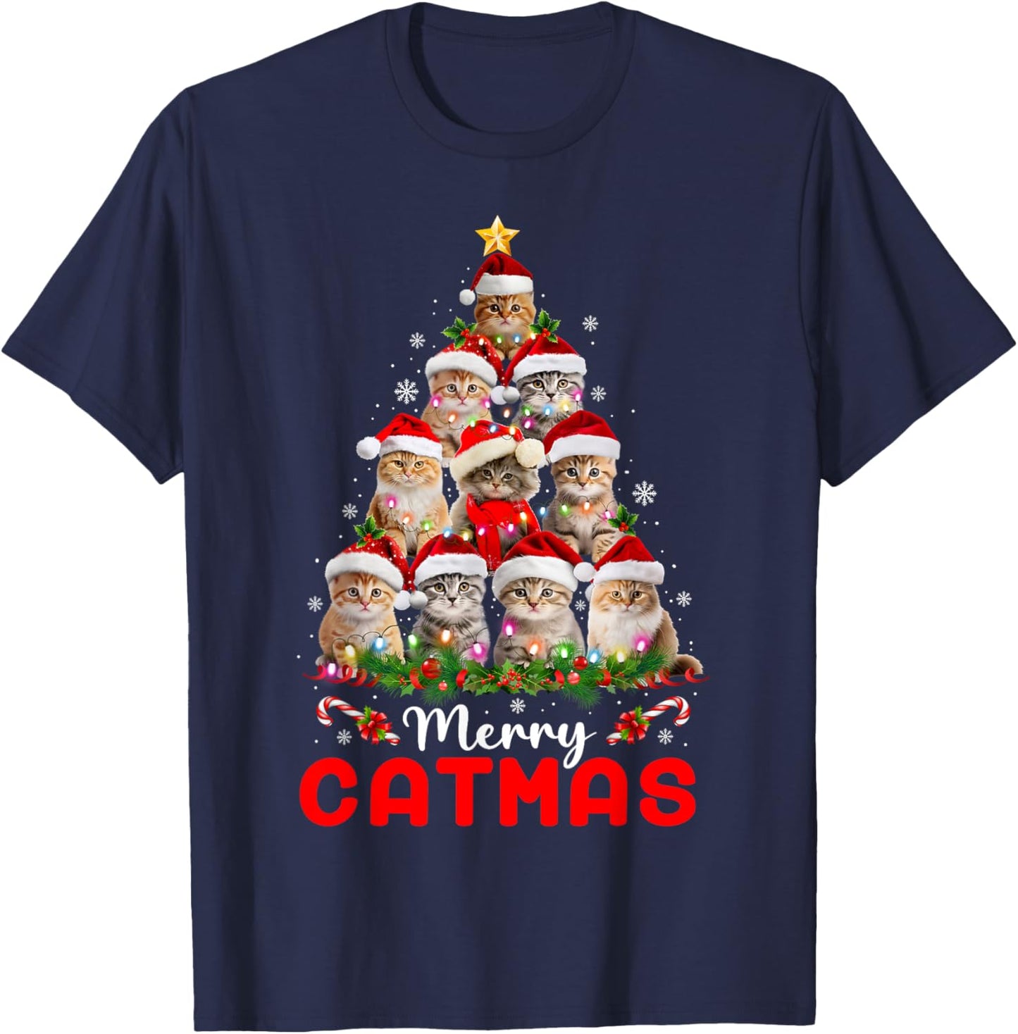 Meowy Catmas Cat Christmas Tree Lights Funny Xmas Pajamas T-Shirt - T-Shirt | Navy