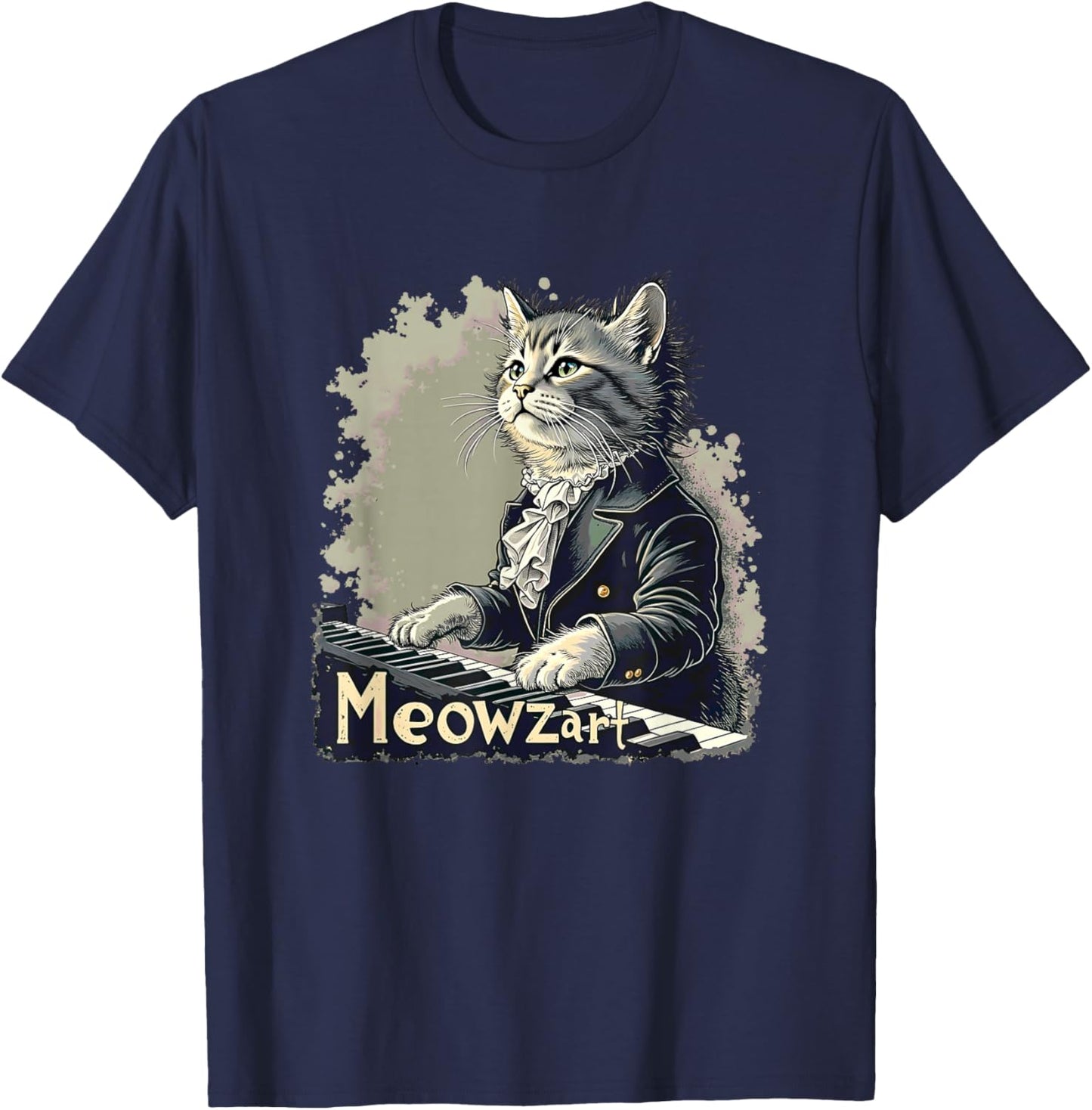 Meowzart Cat Mozart Piano Composer Classical Music Pianist T-Shirt - T-Shirt | Navy