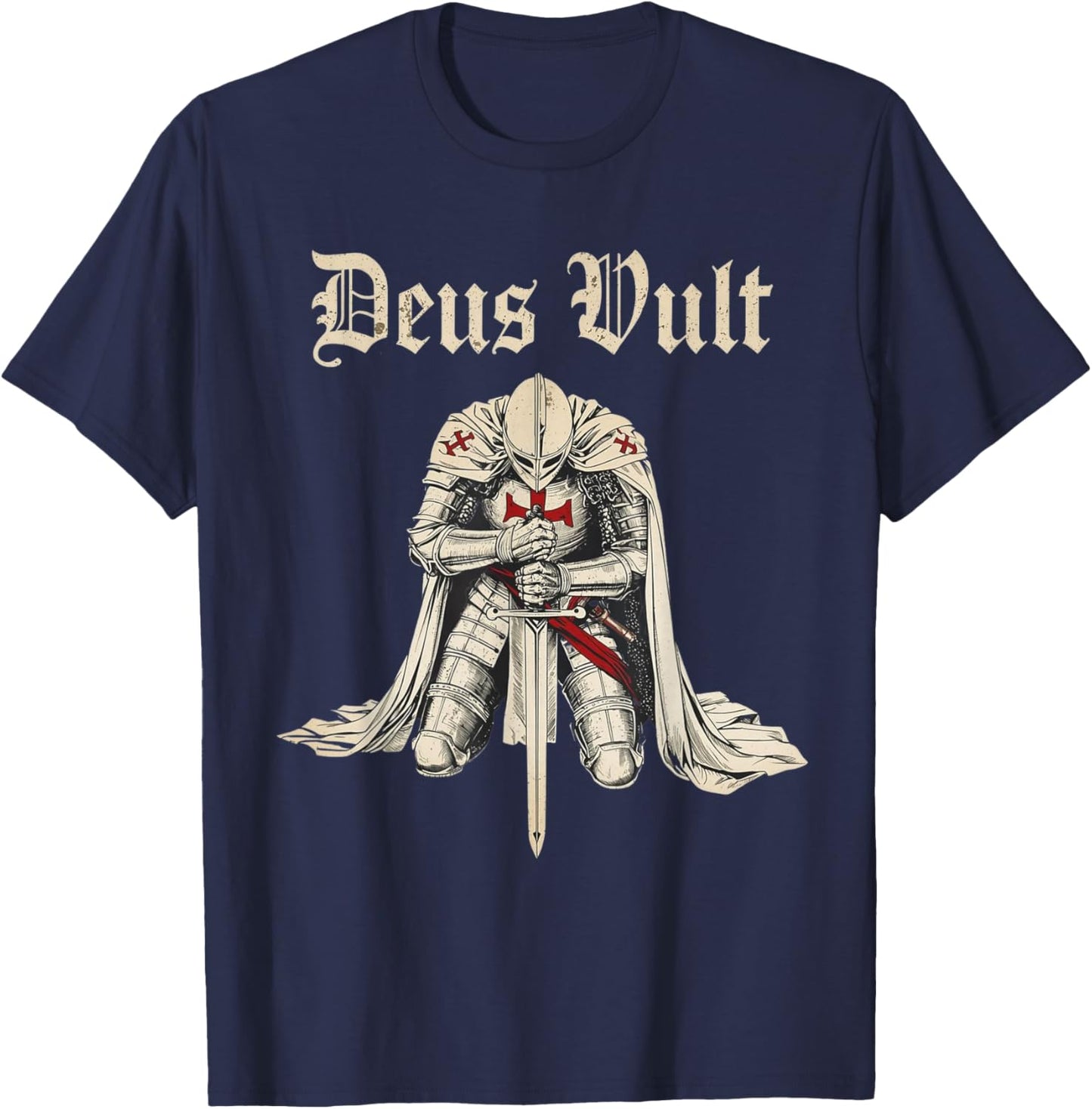 Vintage Deus Vult Templar Knight of The Crusades T-Shirt - T-Shirt | Navy