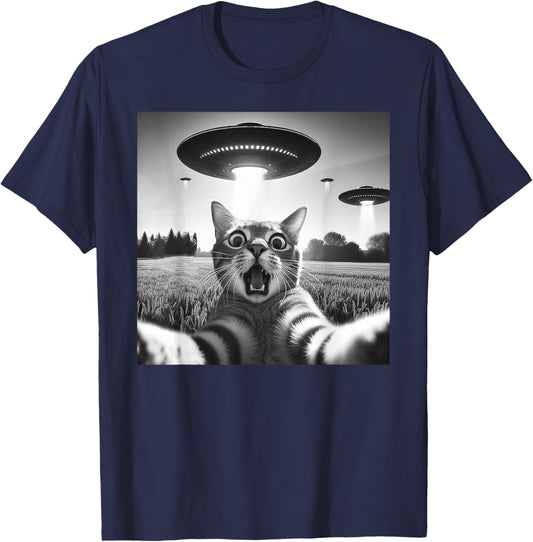 Cat Selfie With UFO Hilarious Alien Encounter T-Shirt - T-Shirt | Navy