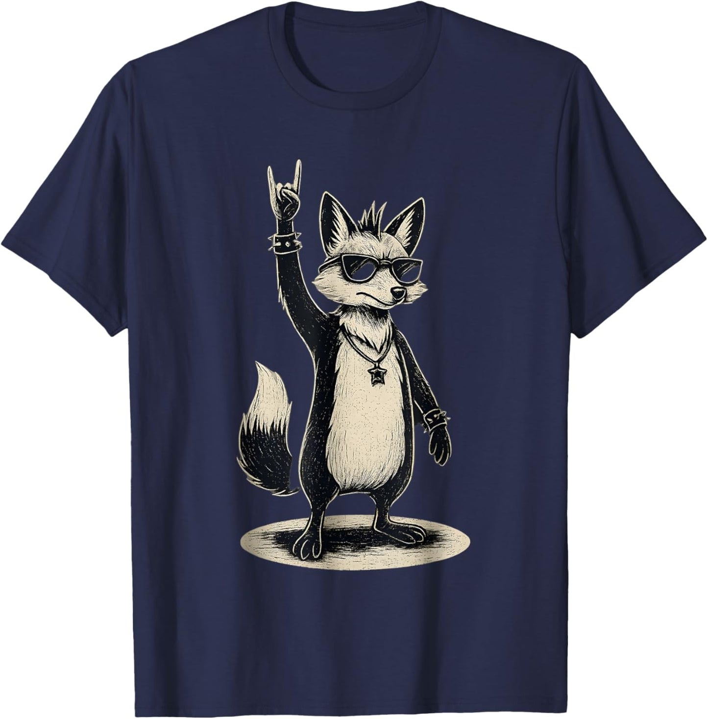 Rock Fox with Sunglasses Hand Sign Cool T-Shirt - T-Shirt | Navy