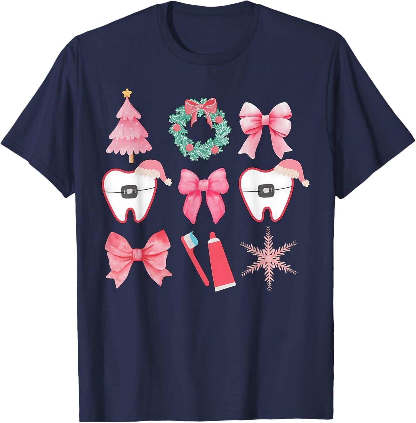 Christmas Coquette Bow Orthodontic Dental Dental Crew T-Shirt - T-Shirt | Navy