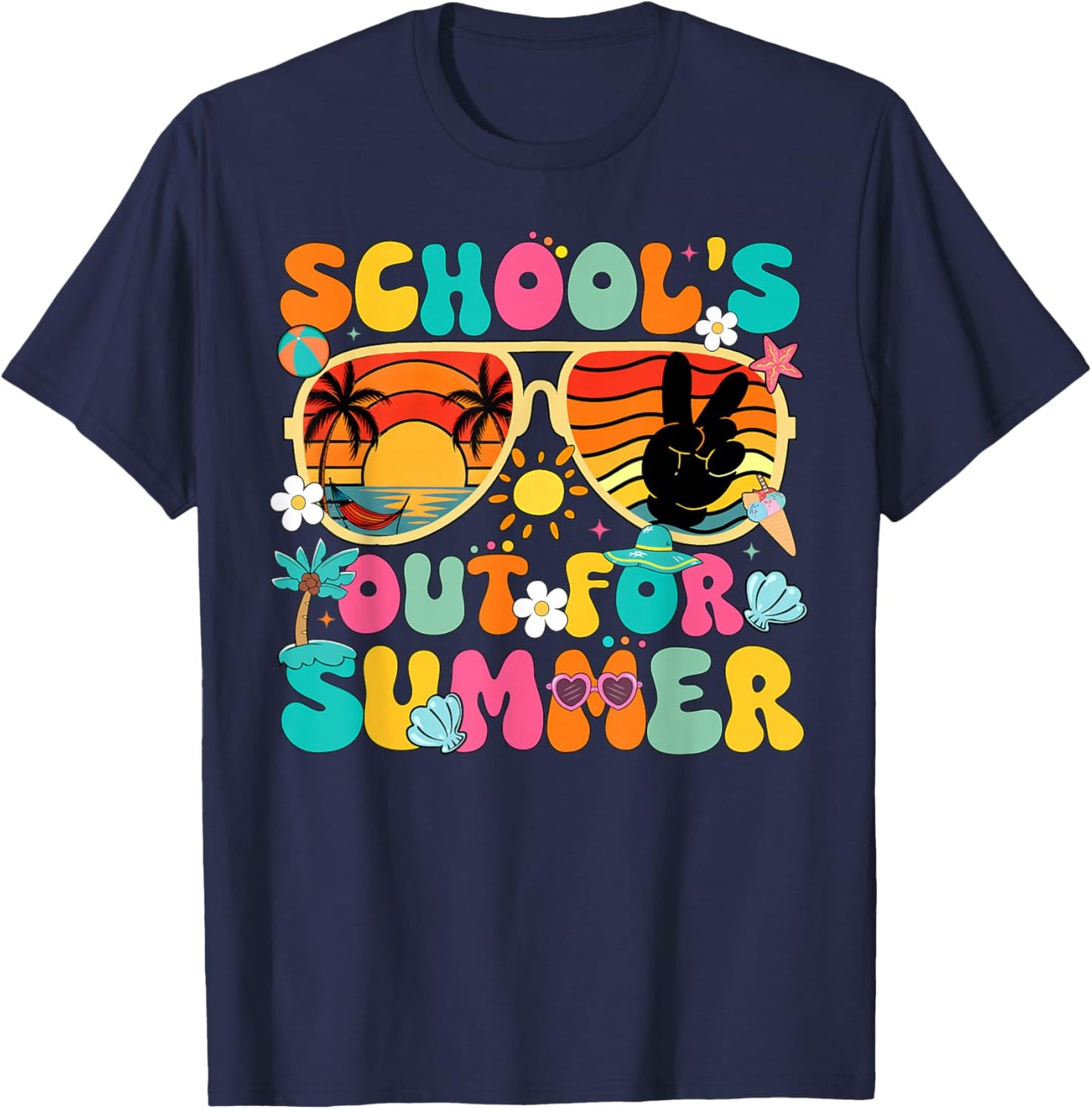 Schools Out for Summer Groovy Last Day of School Teacher T-Shirt - T-Shirt | Navy