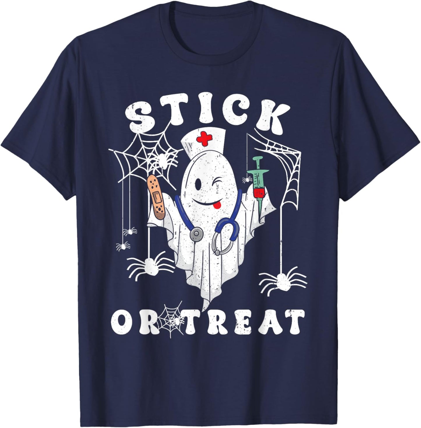 Stick or Treat Nurse Spooky Nurse Costume Funny Halloween T-Shirt - T-Shirt | Navy