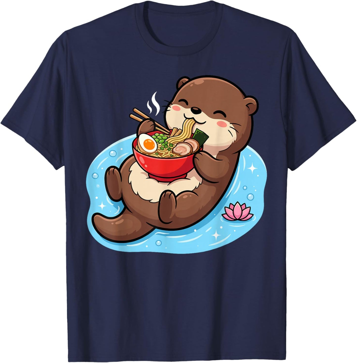 Cute Otter Eating Ramen Bowl Floating in Water T-Shirt - T-Shirt | Navy