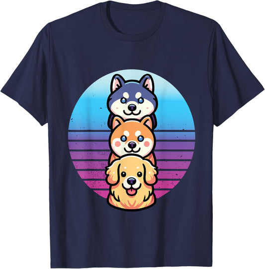 Husky Shiba Inu golden retriever dog cute stacked pet animal Men Women Kids T-Shirt - T-Shirt | Navy
