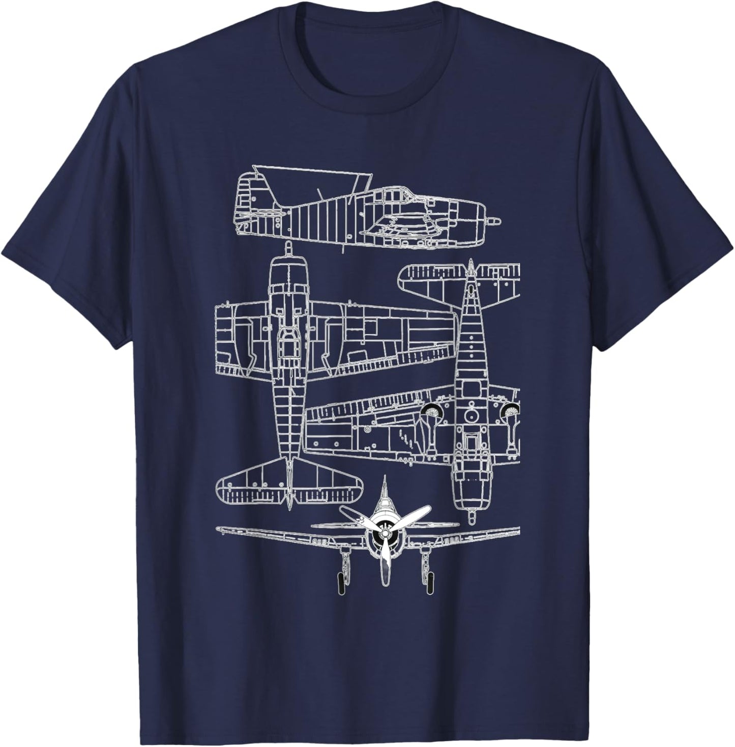 Grumman F6F Hellcat WW2 Navy Airplane Blueprint T-Shirt - T-Shirt | Navy