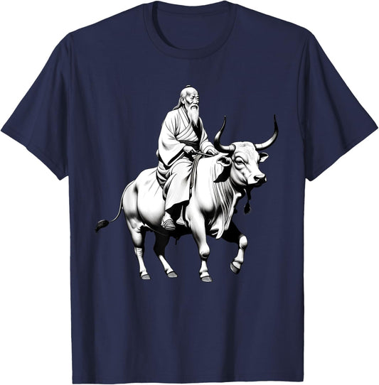 Vintage Spiritual Design Lao Tzu Riding An Ox, Tao Te Ching -Adults, -Kids Grey Short Sleeve Classic Fit Polyester T-Shirt - T-Shirt | Navy