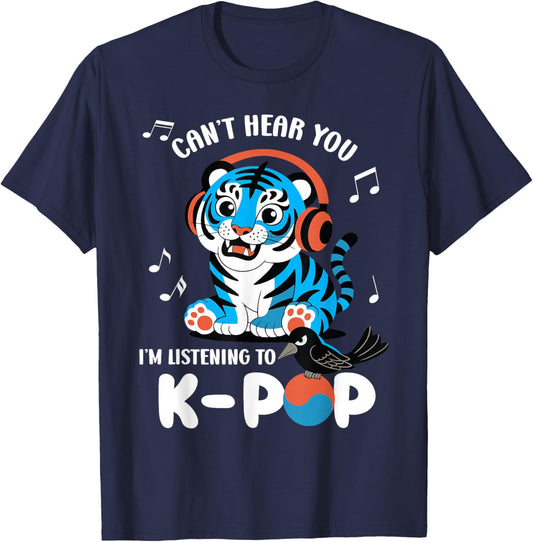 Can't Hear You I'm Listening to K-Pop Korean Folk Art Tiger T-Shirt - T-Shirt | Navy