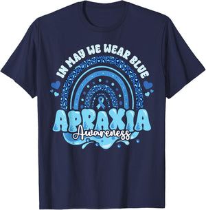 Apraxia Awareness in May We Wear Ribbon Blue Leopard Rainbow T-Shirt - T-Shirt | Navy