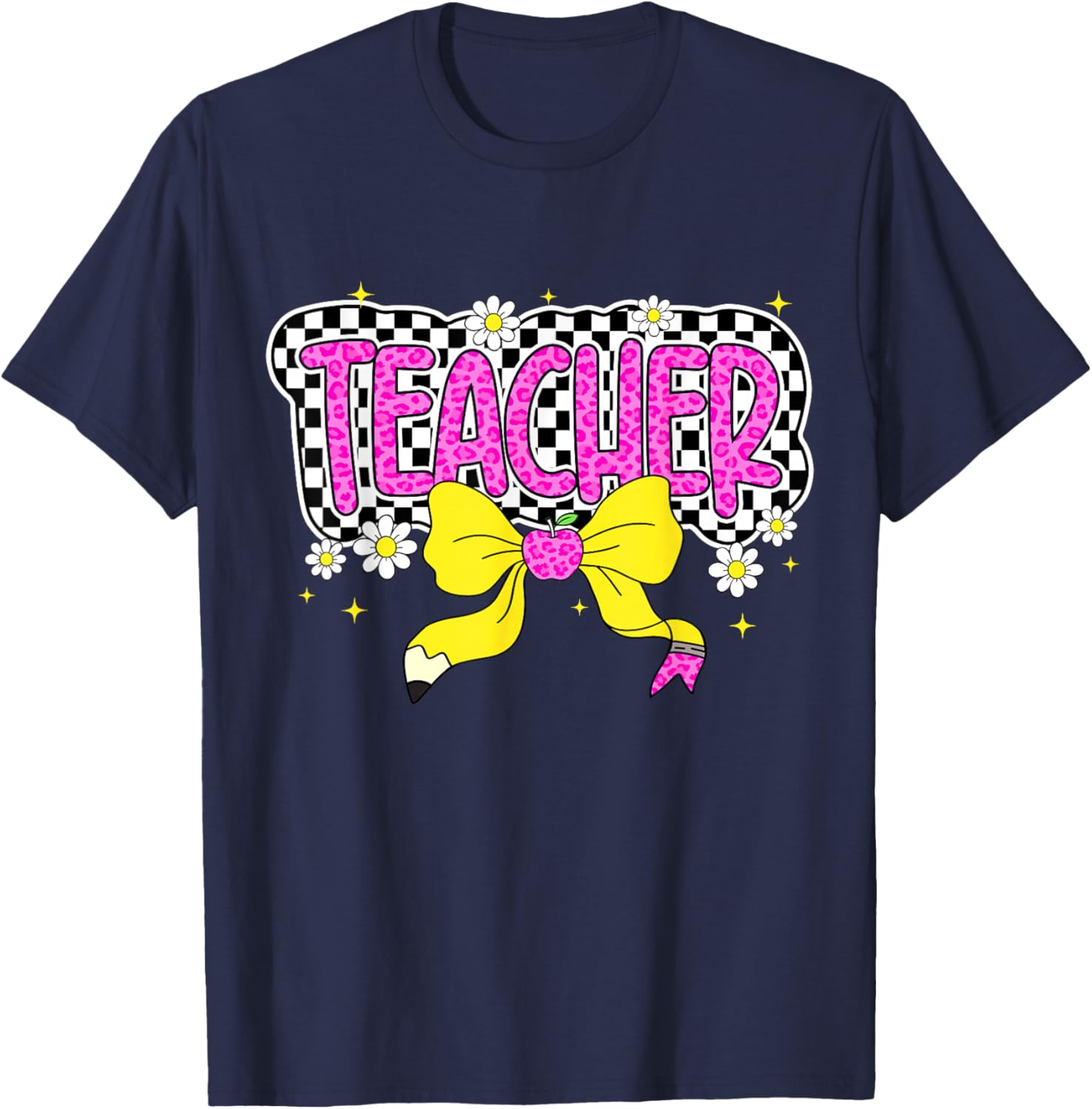 Retro Checkered Pink Bow Teacher Back To School T-Shirt - T-Shirt | Navy