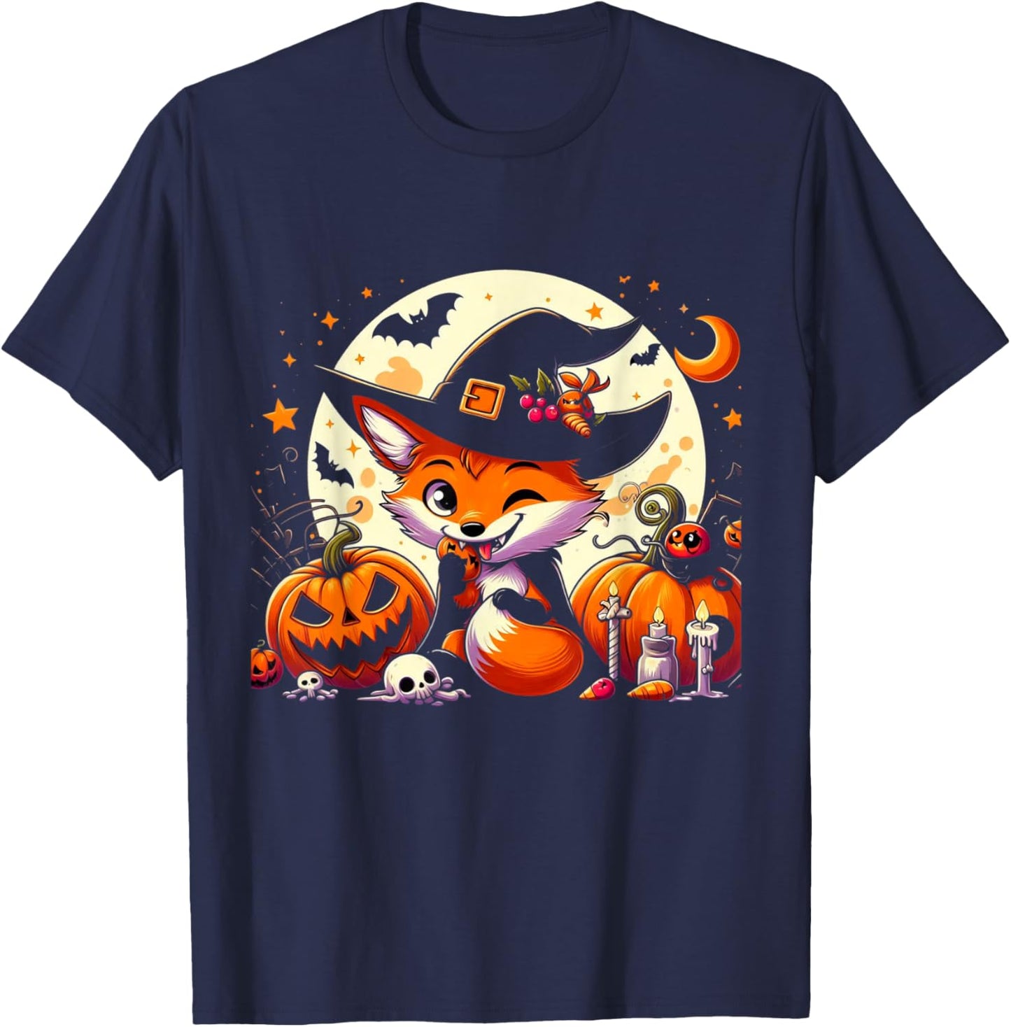 Halloween Fox Witch Pumpkin Fox T-Shirt - T-Shirt | Navy