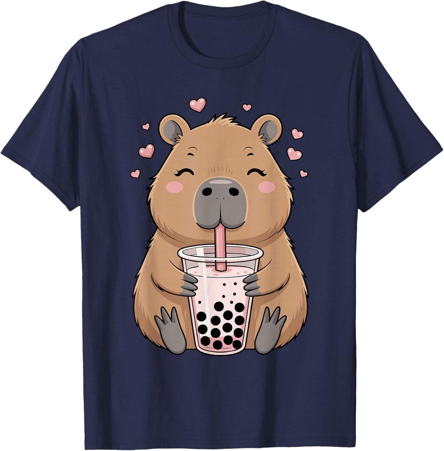 Lovely Bubble Tea Capybara for Girls, Kawaii T-Shirt - T-Shirt | Navy