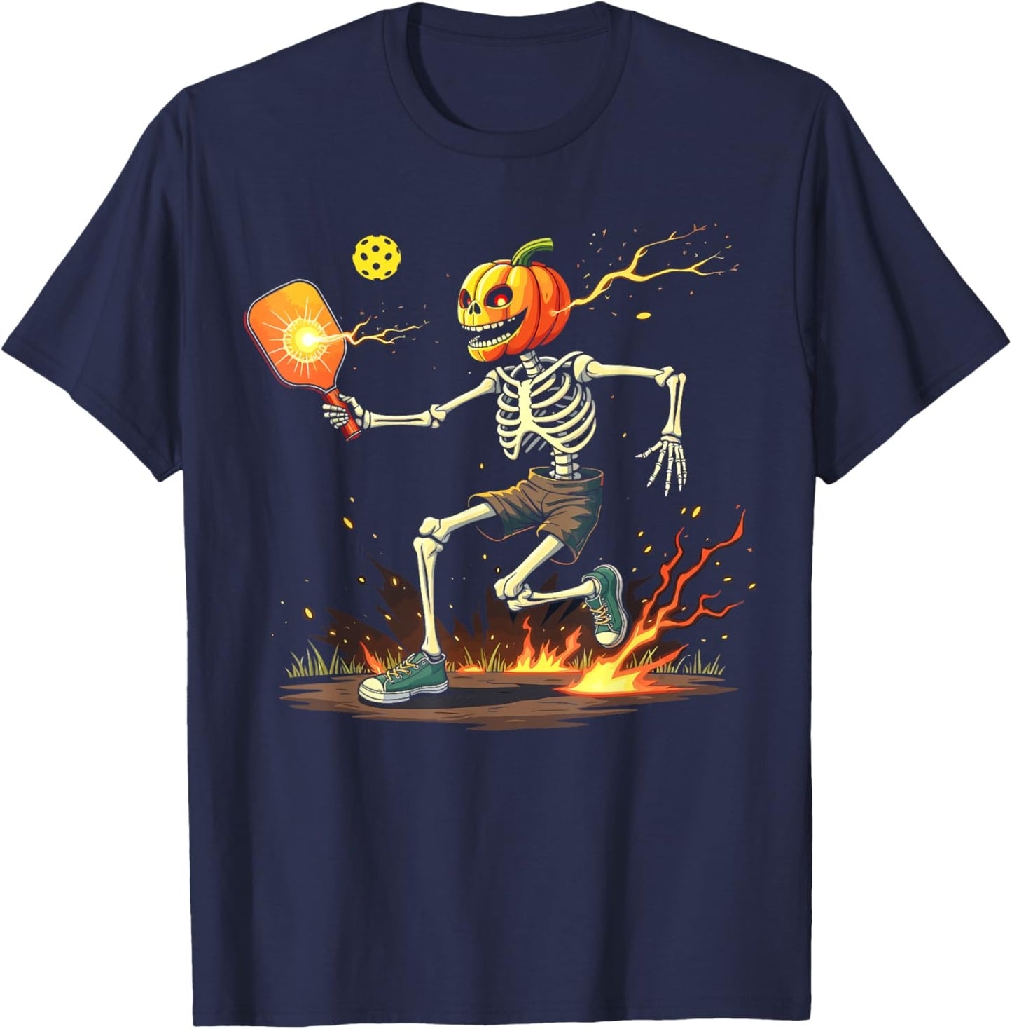Pumpkin Head Skeleton Pickleball Halloween Spooky Sports T-Shirt - T-Shirt | Navy
