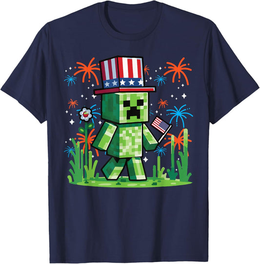 4th of July Gamer Pixel US Flag Gaming Patriotic Boys Kids T-Shirt - T-Shirt | Navy