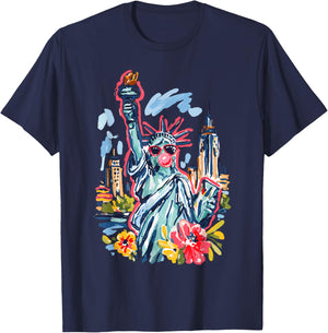 Funny Statue of Liberty Floral America 4th of July Patriotic T-Shirt - T-Shirt | Navy
