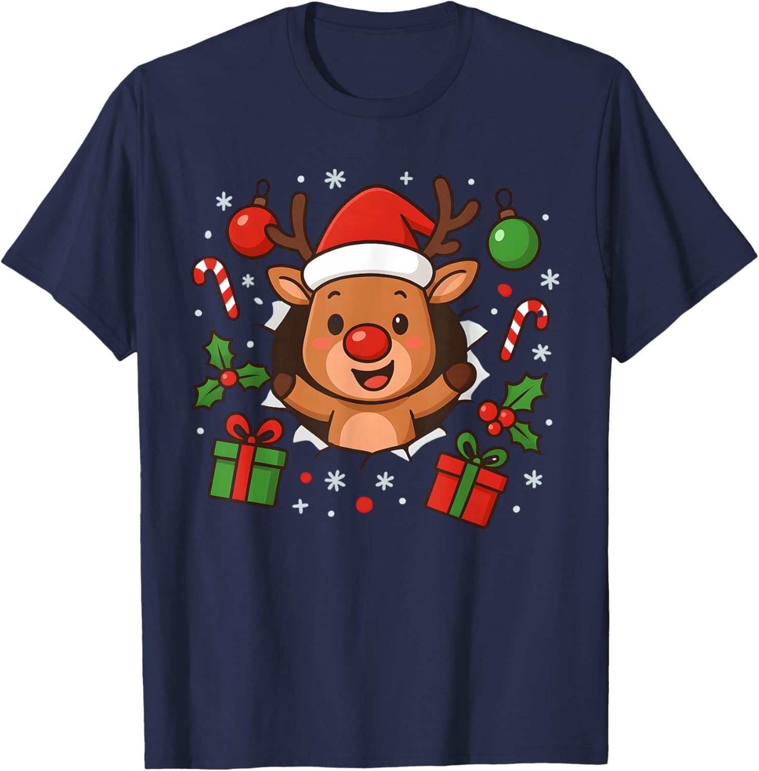 Funny Reindeer Christmas Cute Winter Holiday Cartoon Art T-Shirt - T-Shirt | Navy