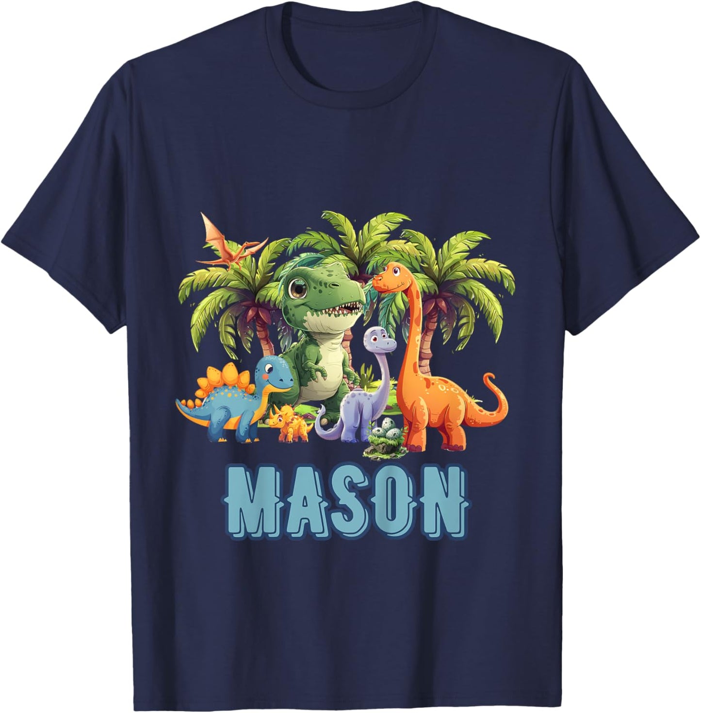 Kids MASON Name Dinosaur Themed Baby Boy Toddler Cute Fun T-Shirt - T-Shirt | Navy