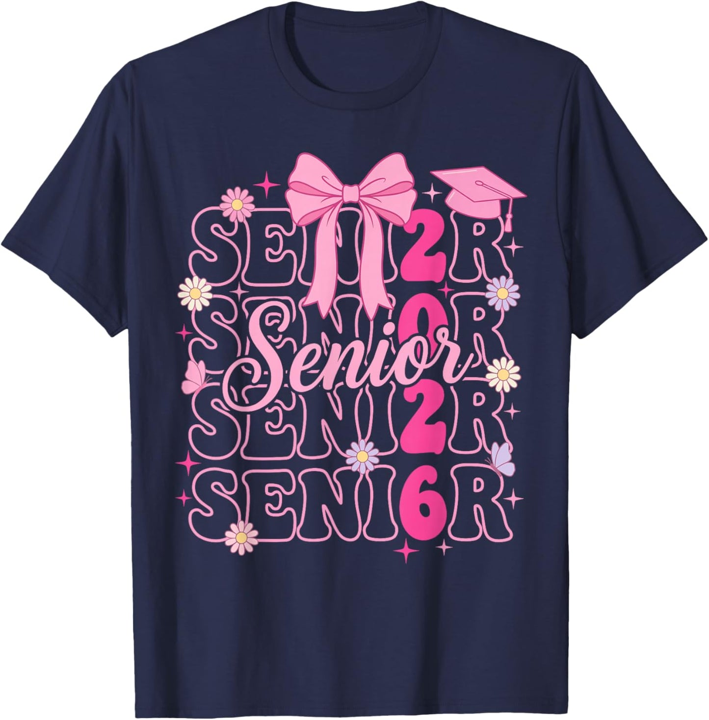 Senior 2026 Class of 2026 Coquette Bow Graduation T-Shirt - T-Shirt | Navy
