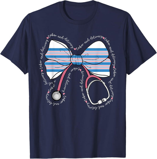 Stethoscope Coquette Bow Baby Blanket Labor and Delivery RN T-Shirt - T-Shirt | Navy