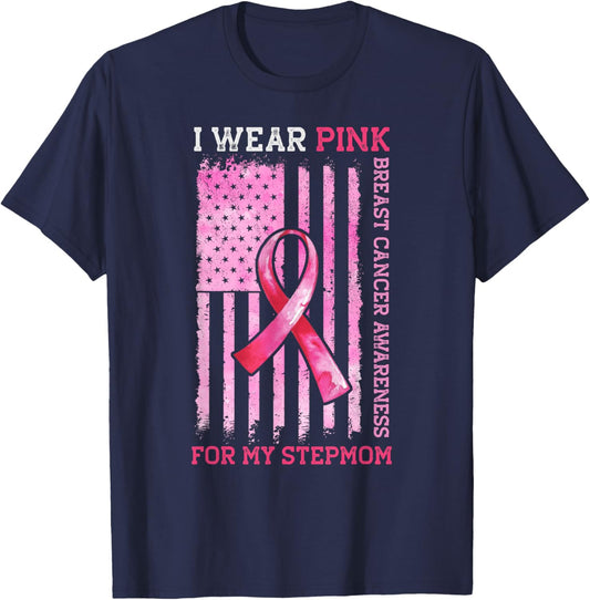 I Wear Pink For My Stepmom American Flag Breast Cancer T-Shirt - T-Shirt | Navy