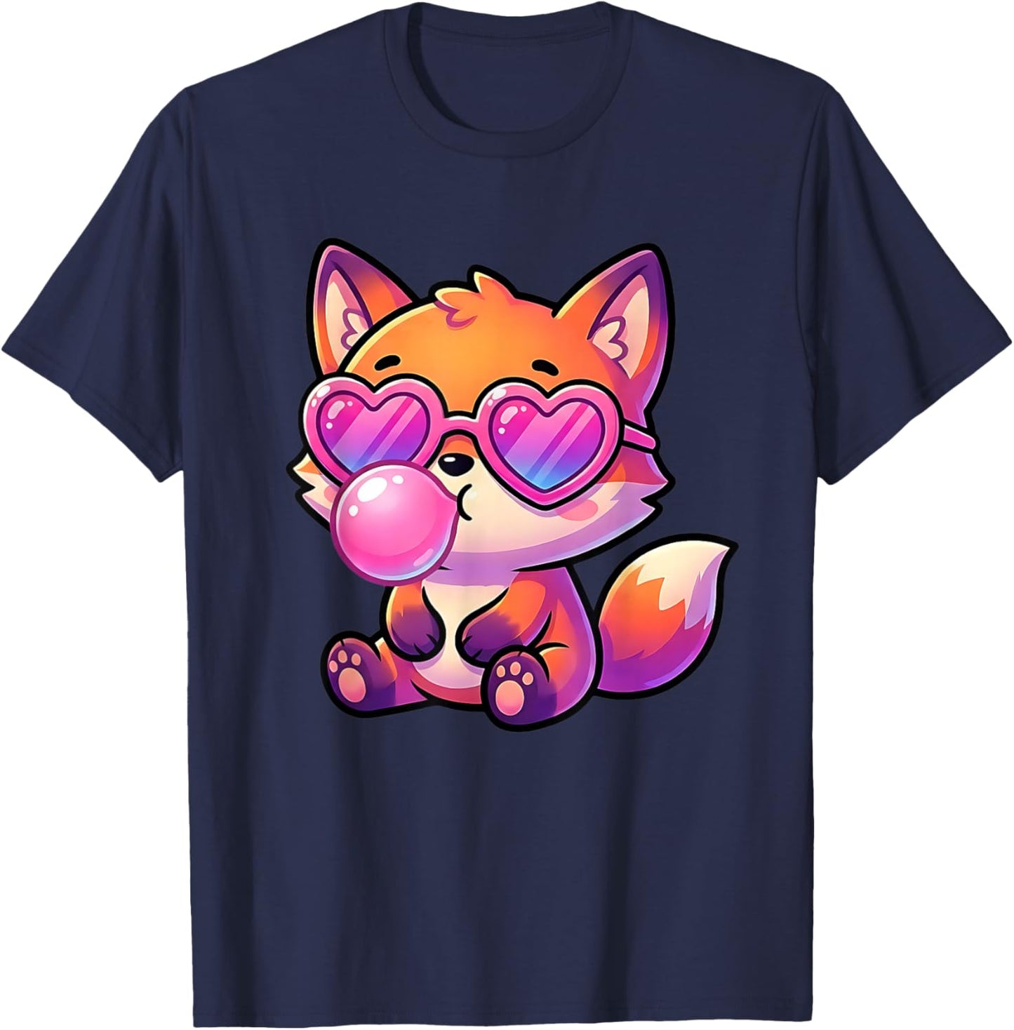 Funny Cute Fox Blowing Bubble Gum Animal Kids T-Shirt - T-Shirt | Navy