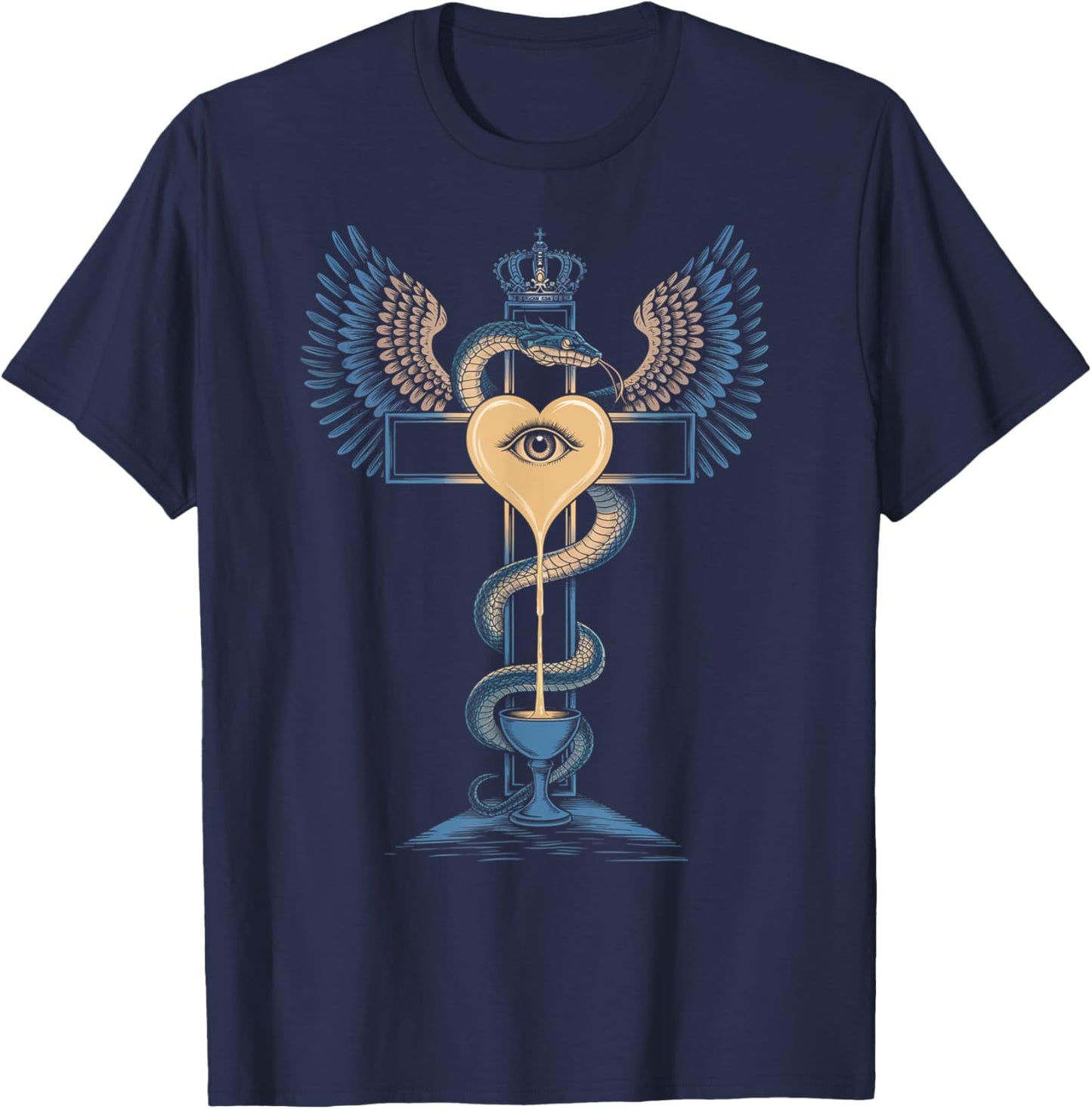 Cross Heart Holy Grail Crown Wings Nectar Immortality Serpnt T-Shirt - T-Shirt | Navy