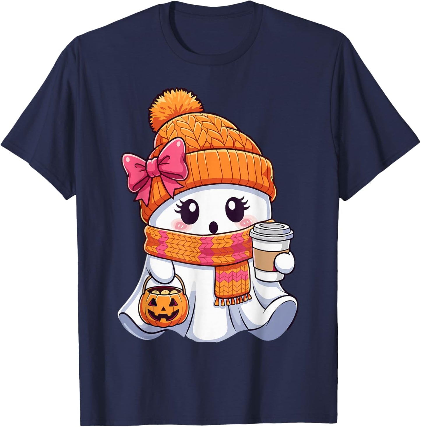 Cute Halloween Ghost Coffee Autumn Pumpkin T-Shirt - T-Shirt | Navy