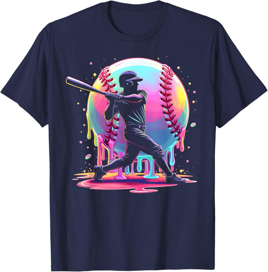 Baseball Drip Boys Men Ice Cream Drip Baseball Player Sports T-Shirt - T-Shirt | Navy