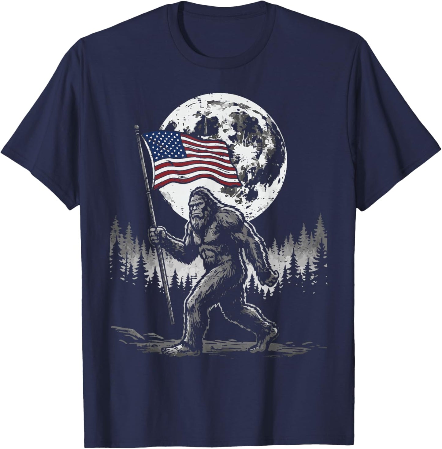 4th of July Bigfoot USA Flag Moon Sasquatch Men Women Kids T-Shirt - T-Shirt | Navy