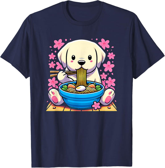 Kawaii Labrador Retriever dog Eating Ramen T-Shirt - T-Shirt | Navy