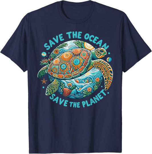 Save The Ocean Save The Planet Cute Sea Turtle T-Shirt - T-Shirt | Navy