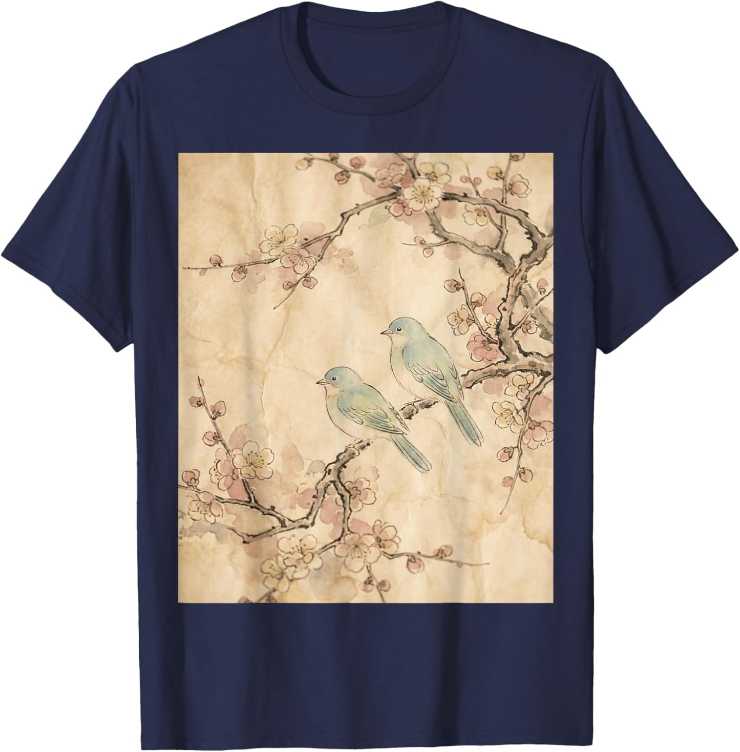 Sakura Blossom Birds Japanese Ink Painting Art T-Shirt - T-Shirt | Navy