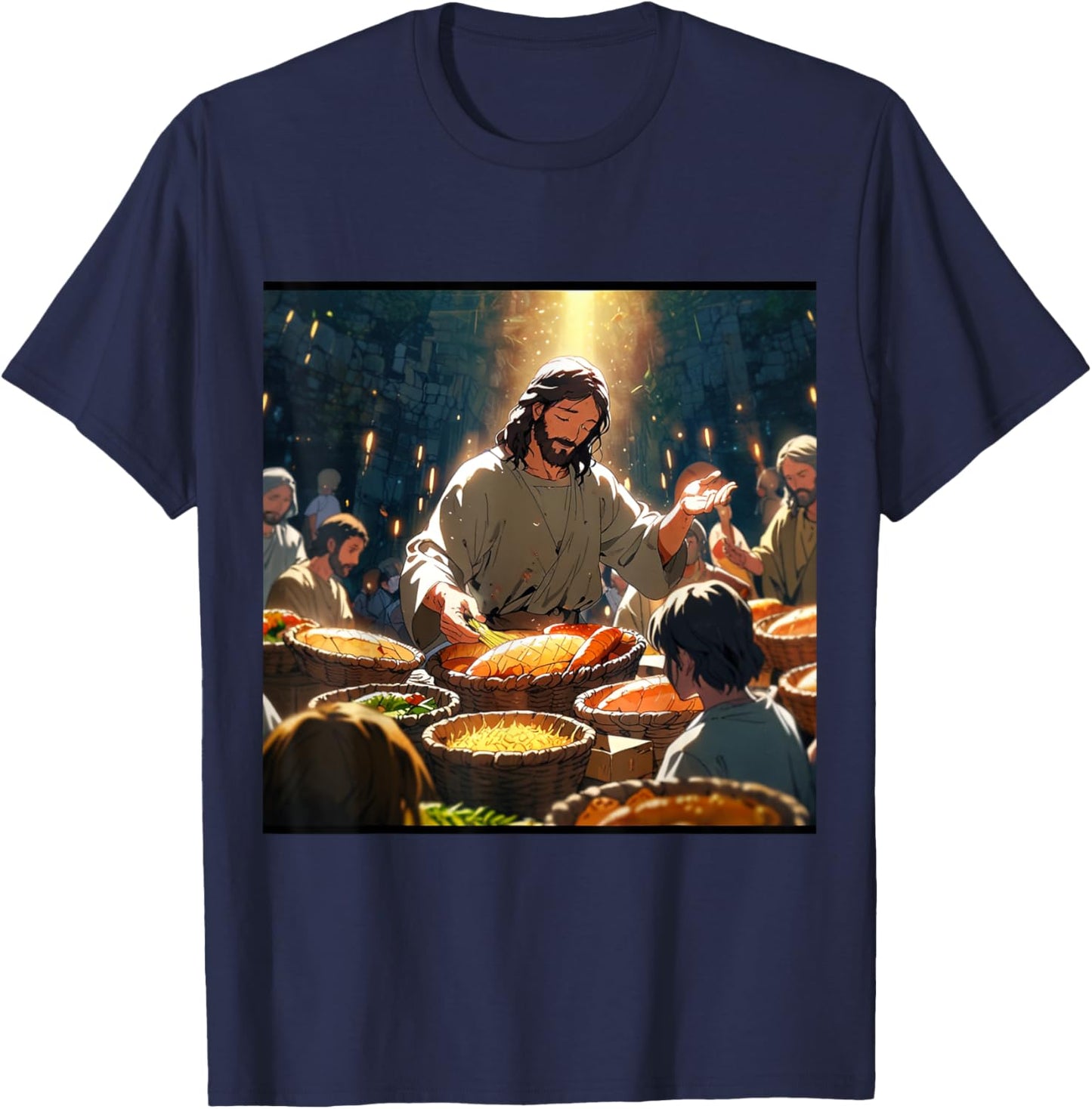 Jesus Anime Miracle Fishes and Loaves Matthew 14 Feed 5000 T-Shirt - T-Shirt | Navy