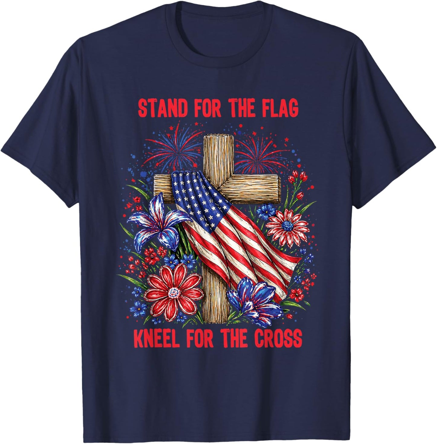 Christian Floral Kneel for Cross Stand America Flag Faith T-Shirt - T-Shirt | Navy