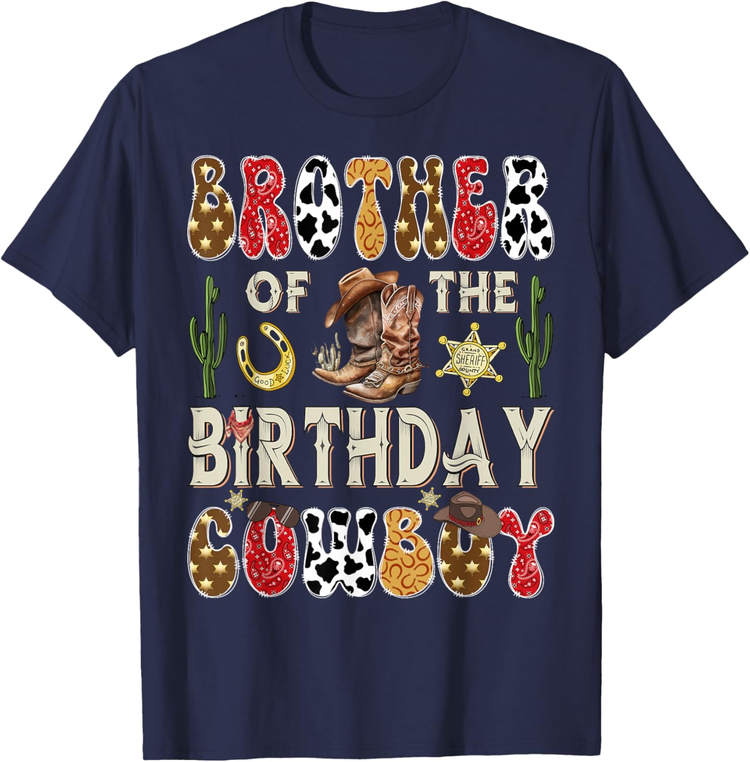 Brother of The Birthday Cowboy Western Groovy Rodeo Brother T-Shirt - T-Shirt | Navy