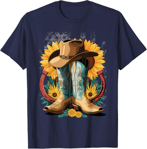 Western Cowboy Boot Horseshoe Sunflower Rope Cowgirl Country T-Shirt - T-Shirt | Navy