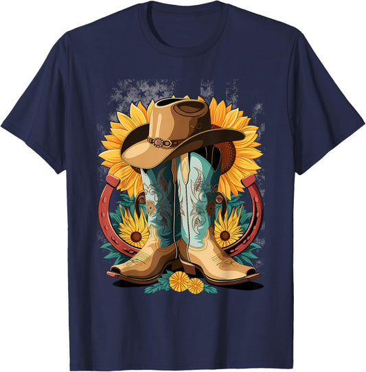 Western Cowboy Boot Horseshoe Sunflower Rope Cowgirl Country T-Shirt - T-Shirt | Navy
